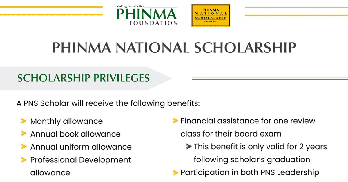 Infographic titled "PHINMA National Scholarship Privileges" listing benefits for PNS Scholars: monthly allowance, annual book and uniform allowances, professional development funds, financial assistance for one board exam review (valid for 2 years post-graduation), and leadership program participation.