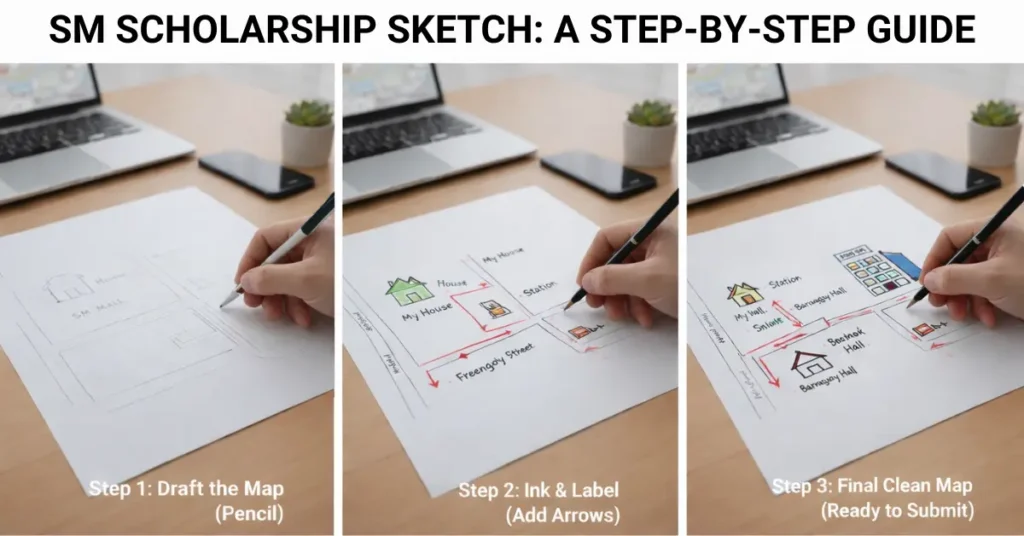Three-step tutorial showing how to draft, ink, and finalize a hand-drawn map for the SM Scholarship application.