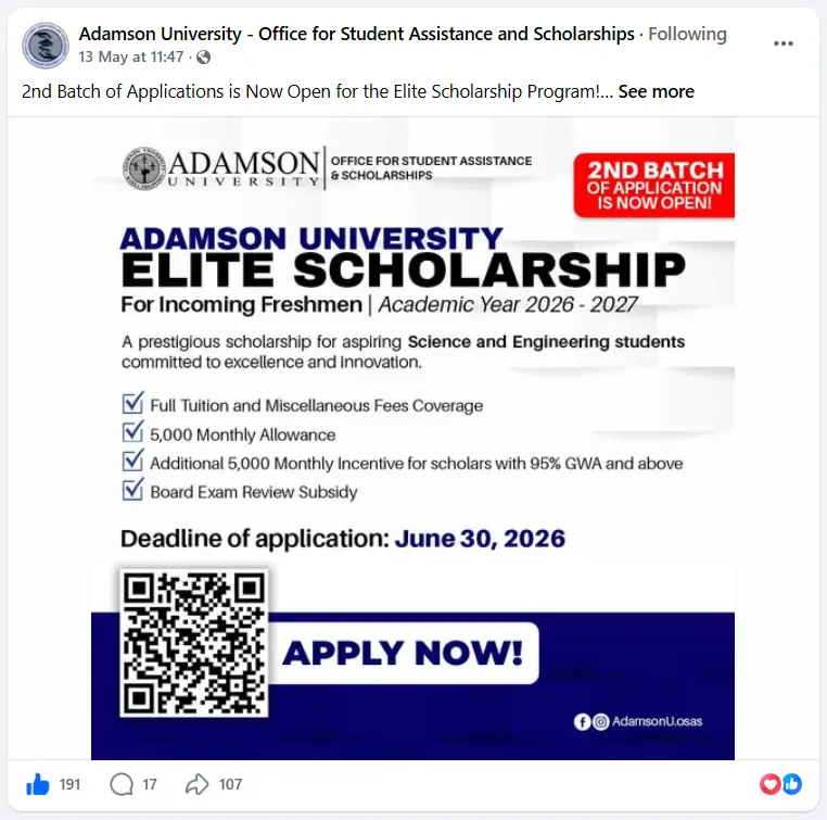 Adamson University Elite Scholarship 2026-2027 Program Official Announcement