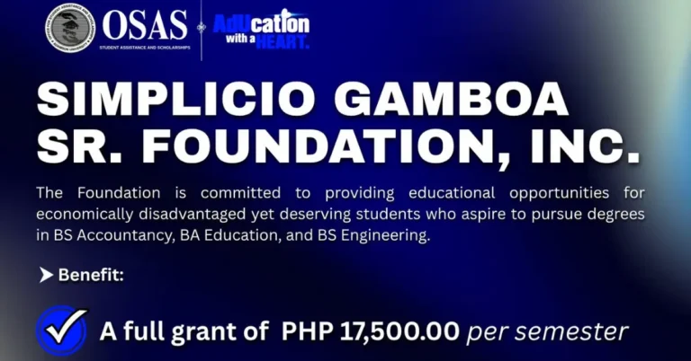 Simplicio Gamboa Sr. Foundation Scholarship 2026-2027 – P17,500 Per Semester